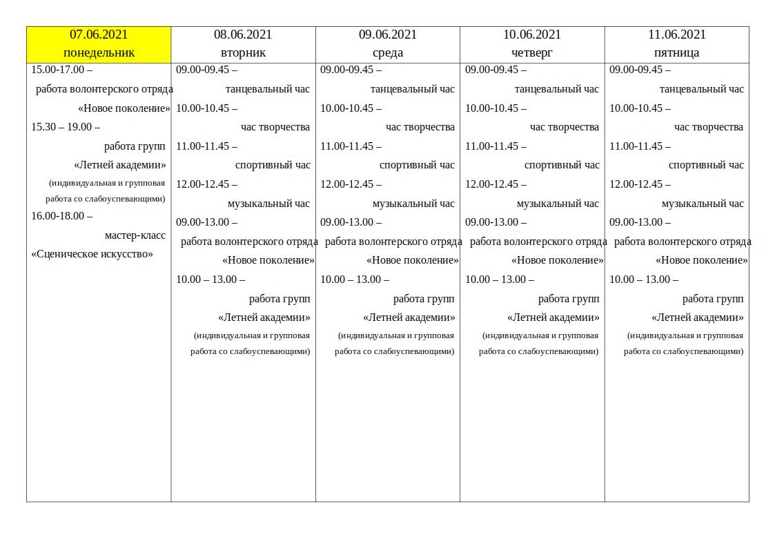 План работы дворовой площадки на летний период