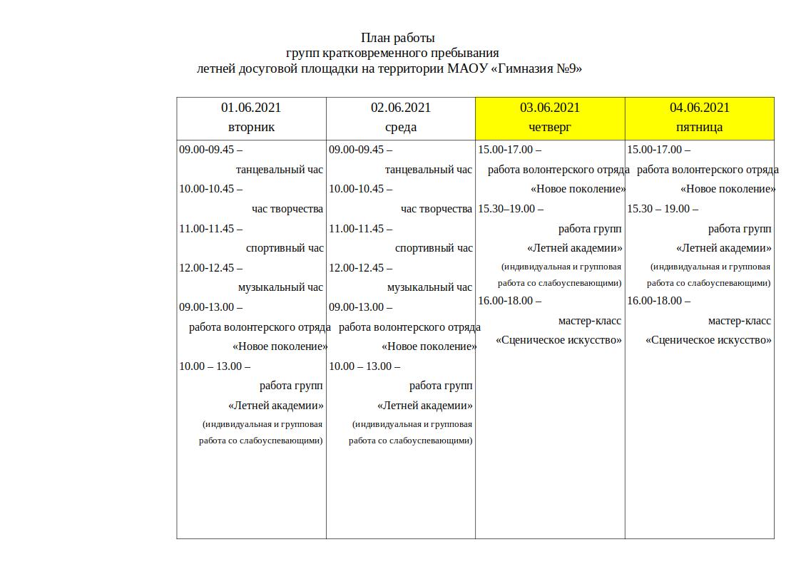 План работы летней досуговой площадки